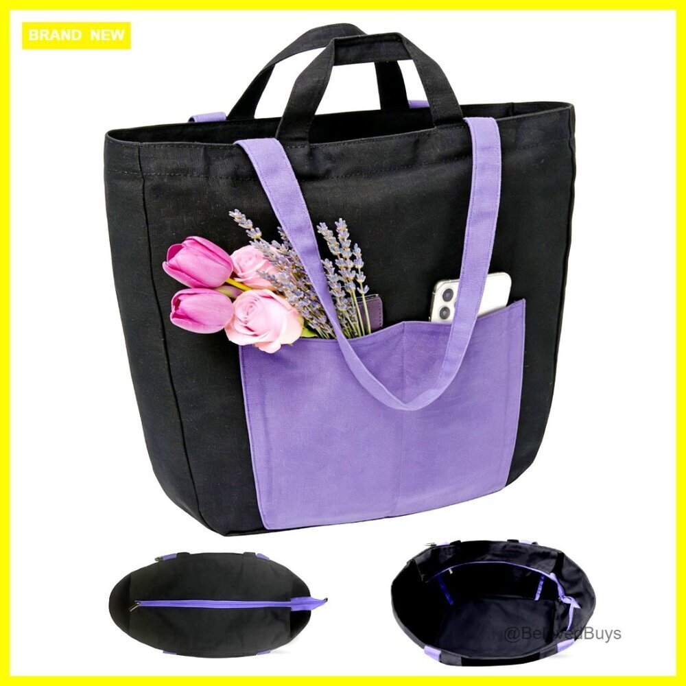 Large 27L Canvas Tote Bag with 3 Pockets, Crossbody Convertible for Work &